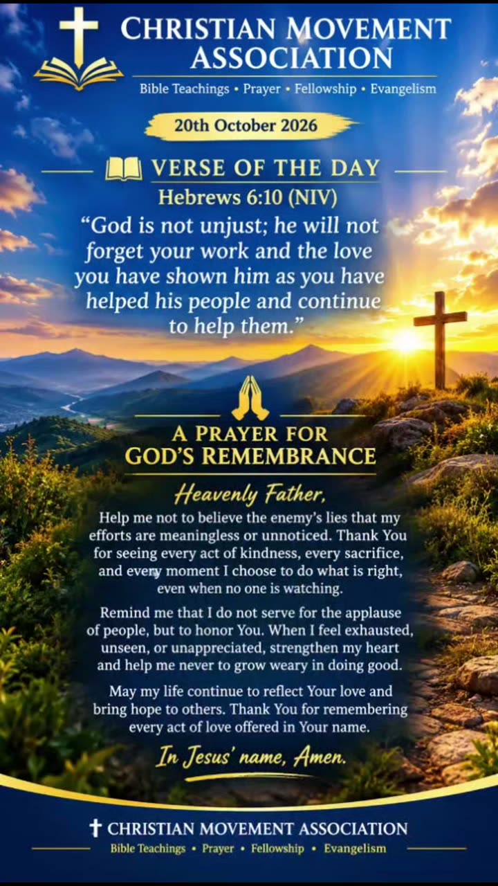 ‭✝️🙏Hebrews 6:10 NIV‬ God is not unjust; he will not forg... · @CHRISTIAN MOVEMENT ASSOCIATION on CashChat